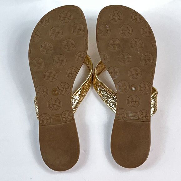 Tory Burch Thora Sandals Womens 6 Gold Glitter Thong Flip Flop Shoes Metallic - Picture 4 of 11